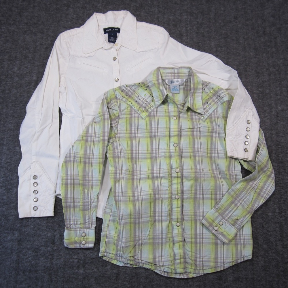Lot of 2 Western Shirts Girls S/M Pearl Snap Long Sleeve Cowgirl‎ Ralph Lauren